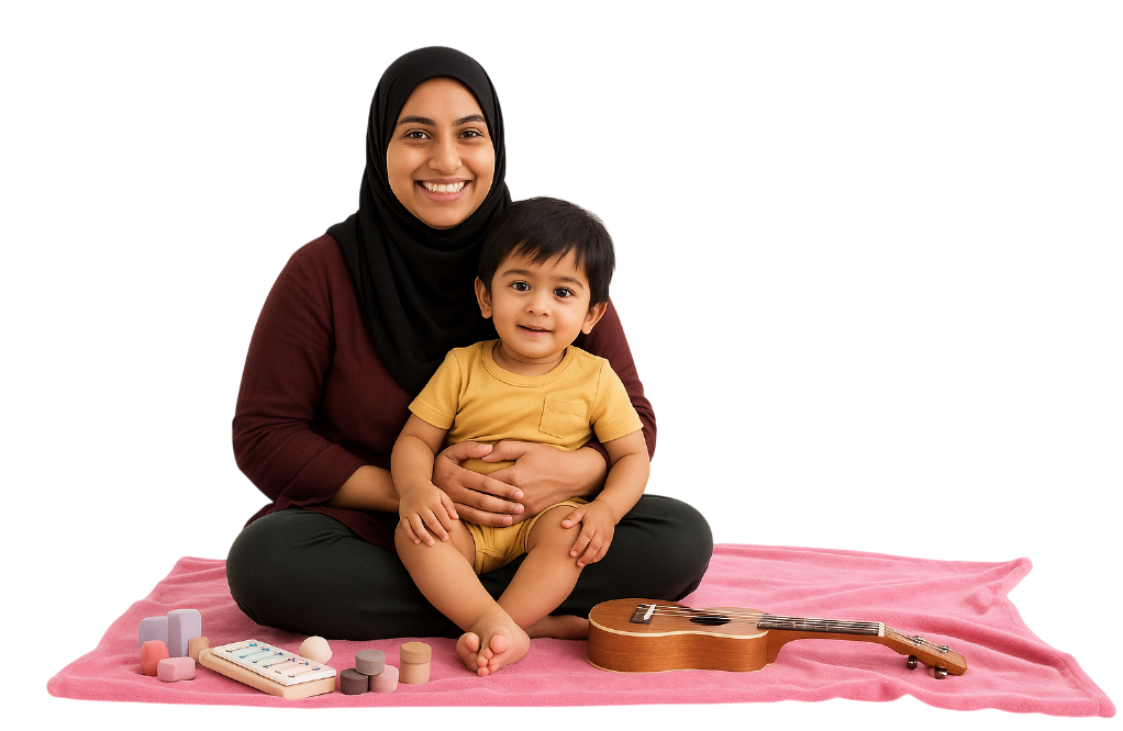 Babysitter holding a baby, both smiling while sitting on a mat with toys